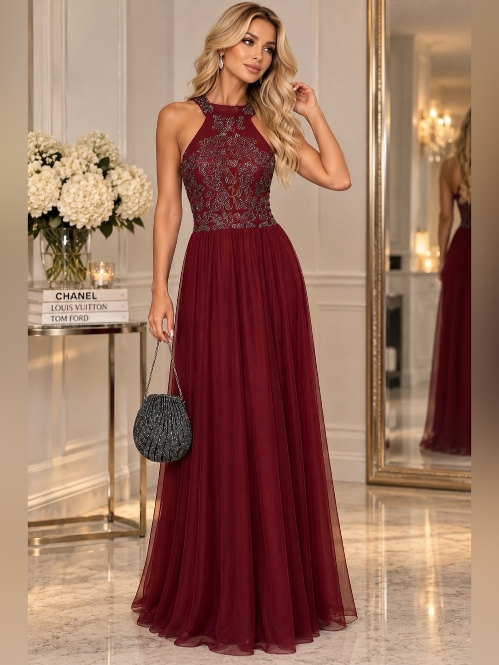 Speechless Embroidered Burgundy Halter Maxi Dress size 7 Used